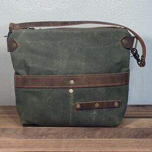 Military Green Canvas Leather Zip Close Multi Pocket Handbag Mini Tote Travel